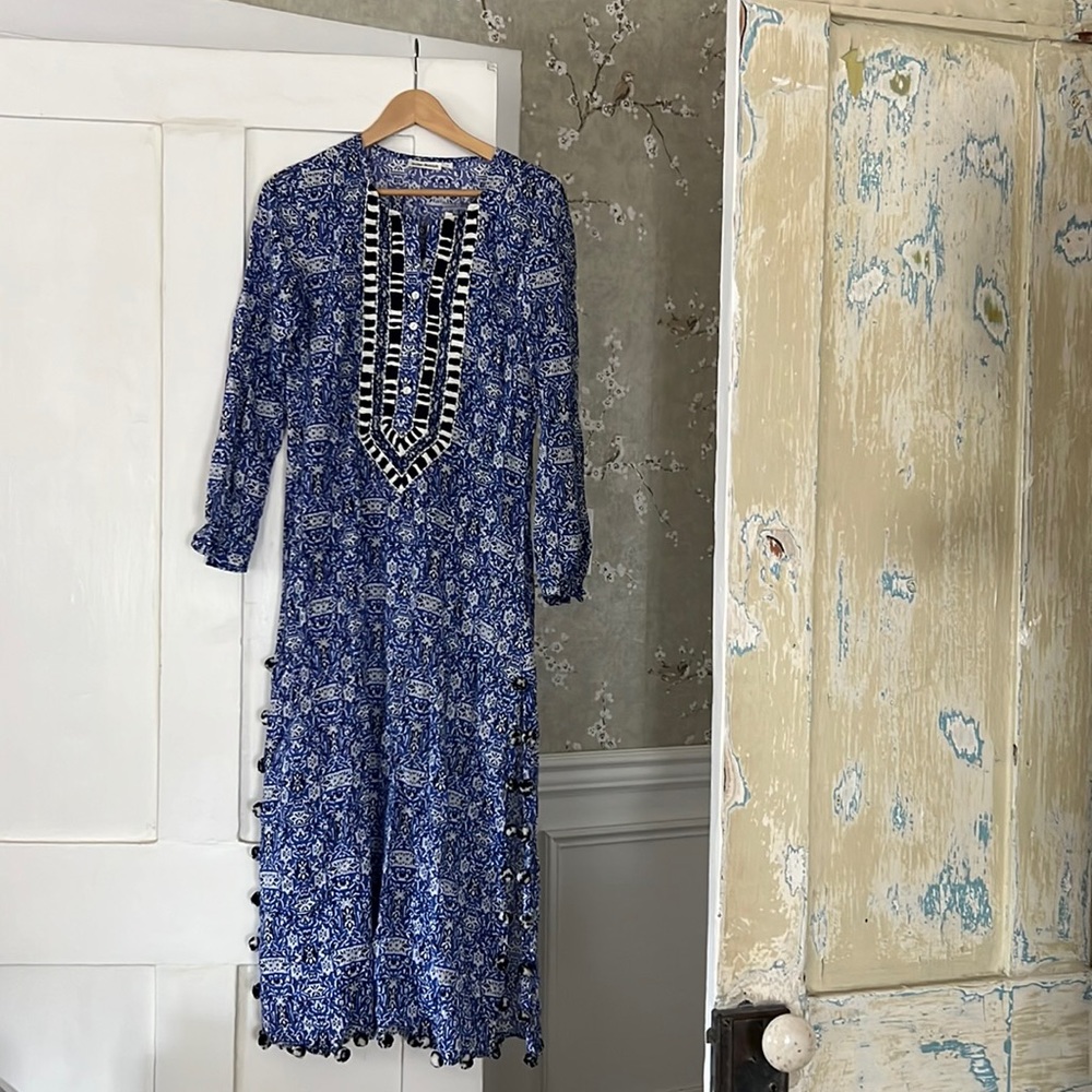 Roller rabbit dress kurta caftan with Pom poms xs